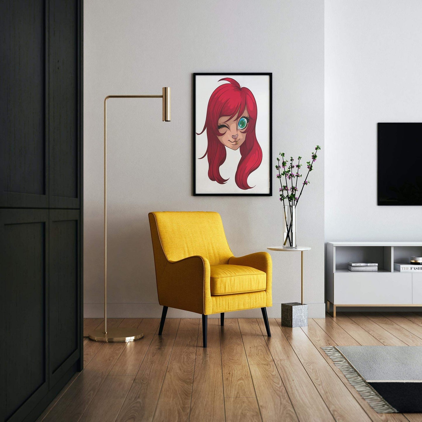 Digital furry art portrait with red hair and wink, framed in a modern room setting.