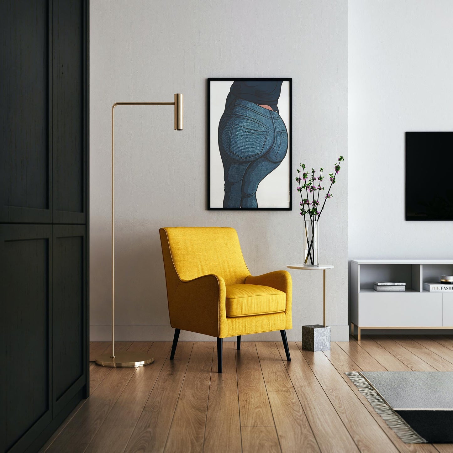 Digital artwork of jeans with realistic stitching, texture, and shadow play, displayed in a modern living room setting.