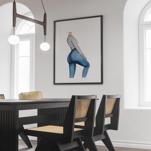 Modern digital illustration of denim jeans, showcasing texture and movement in a stylish pose.
