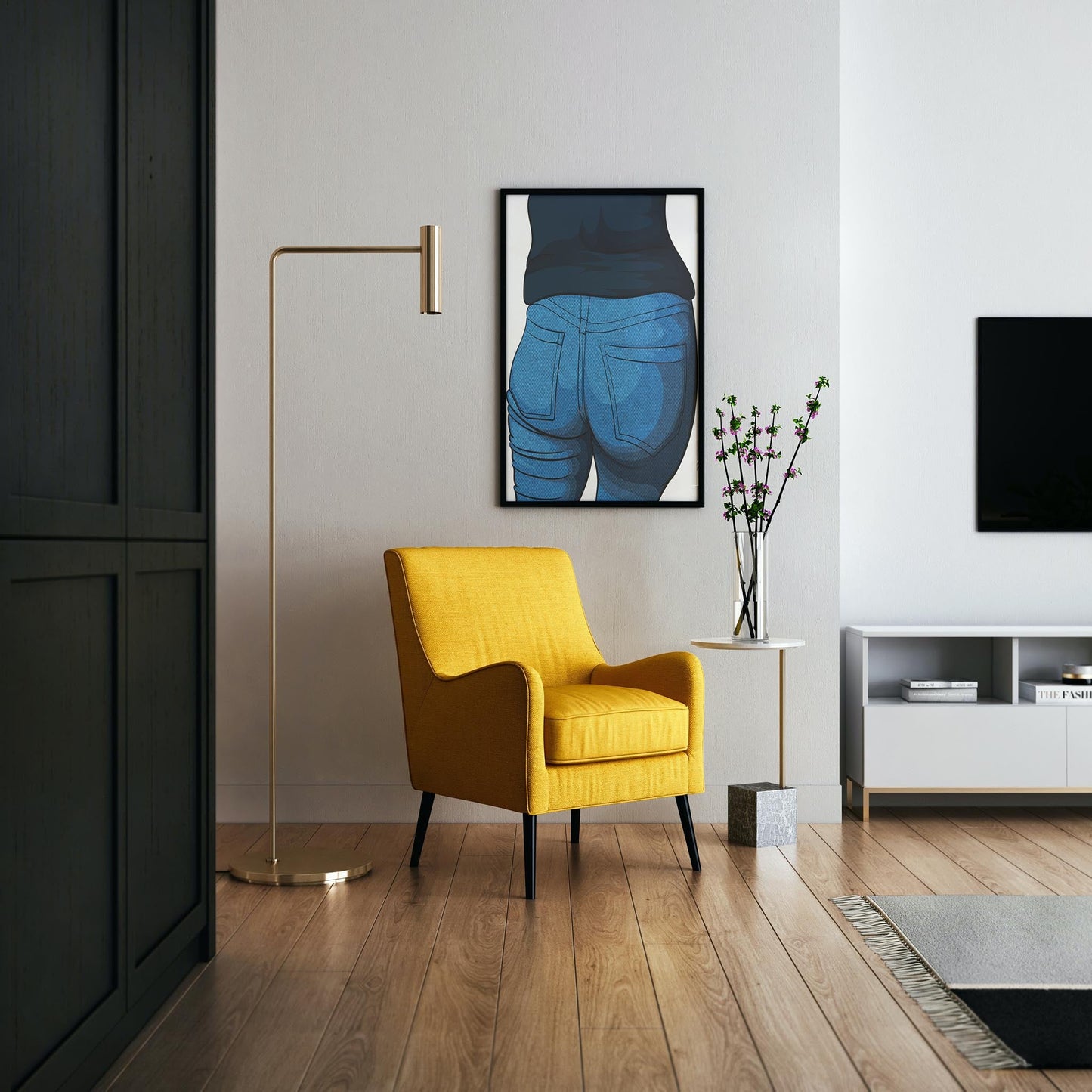 Digital art piece featuring vibrant blue denim jeans, titled Baked Art - Jeans Denim Model 44, displayed in a modern living room setting.