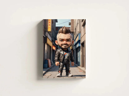 Unique anime-style digital illustration of a doll-like character with a big head and small body, wearing a leather jacket, ideal for social media or decor.