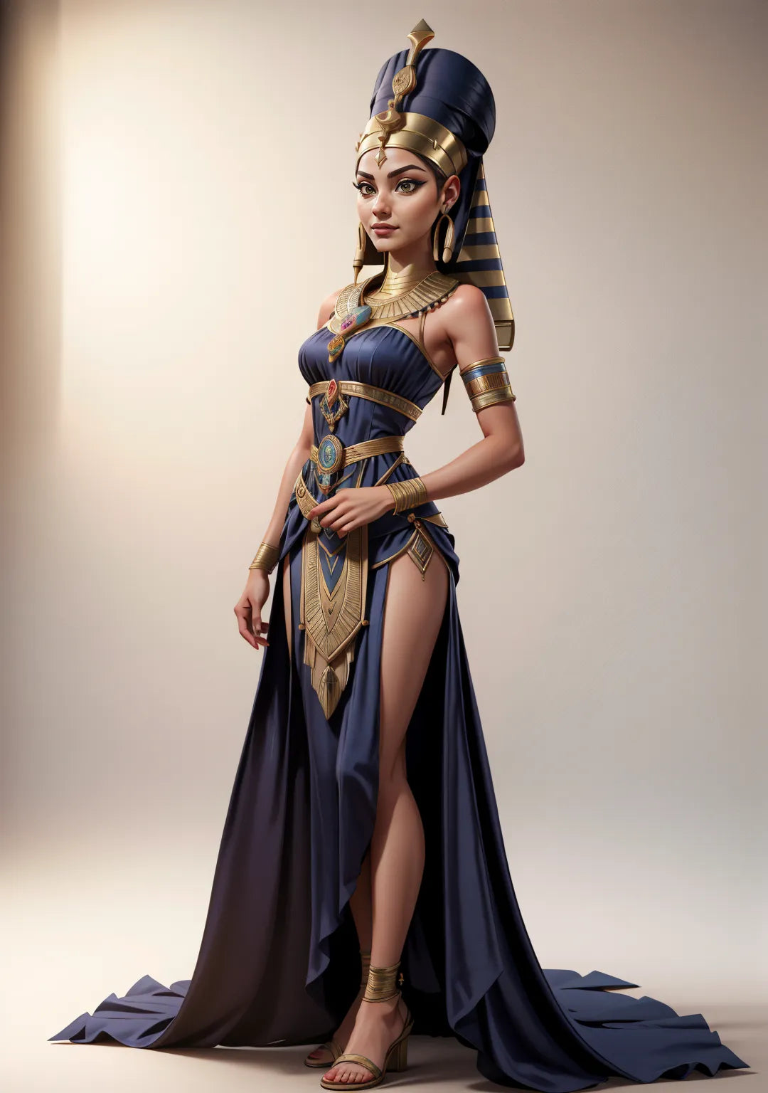 Ancient Egyptian queen digital art, featuring a regal crown and traditional attire.