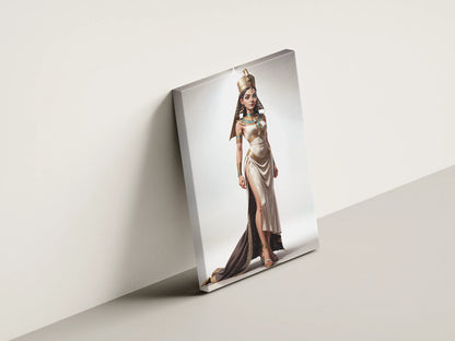 Custom Pharaoh A.I. Art showcasing a woman in ancient Egyptian attire with a golden crown, ideal for unique wall art.