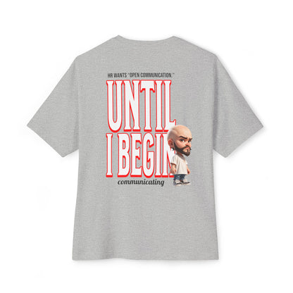 Gray t-shirt with a graphic and text on the back, displayed on a white background