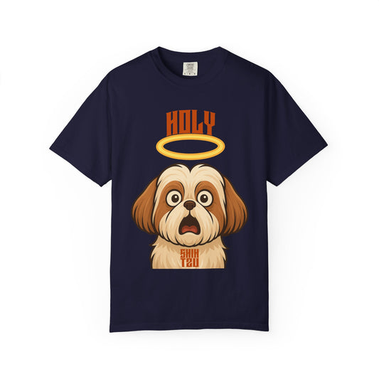 FPD - Holy Shih Tzu Funny Dog Halo Shocked Expression Unisex Heavyweight Cotton T-Shirt, Sarcastic Pet Humor Graphic Tee
