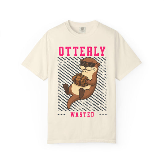 FPD - Otterly Wasted Funny Drinking Otter Sunglasses Barrel Streetwear Unisex Heavyweight Cotton T-Shirt, Sarcastic Party Animal Graphic Tee