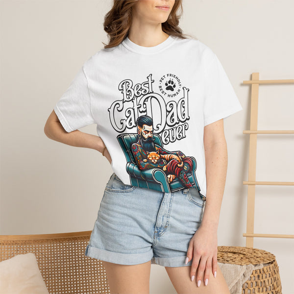 FPD - Best Cat Dad Ever T-Shirt | Tattooed Cat Dad In Armchair Graphic Tee | Funny Pet Lover Gift Shirt