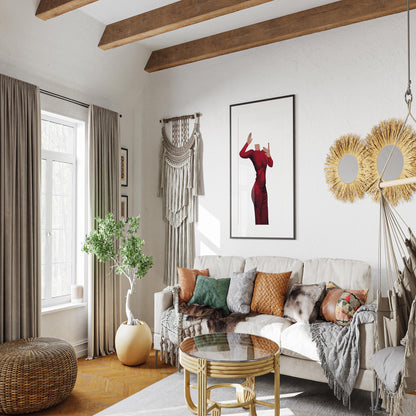 Modern living room with framed digital art of a red dress, emphasizing elegance and energy; "Baked Art - Dress 6."