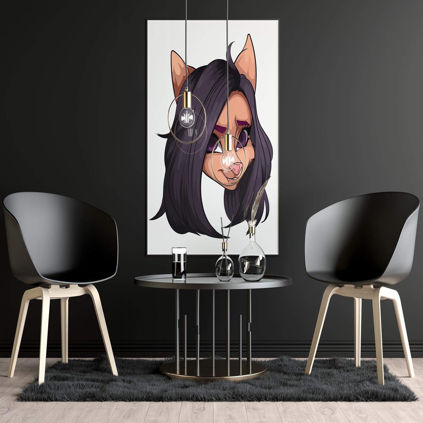Digital artwork featuring a black-haired furry character with purple eyes and pink nose, ideal for creative projects; Baked Art - Furries Model 11.