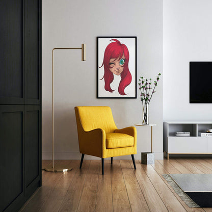 Digital furry art portrait with red hair and wink, framed in a modern room setting.