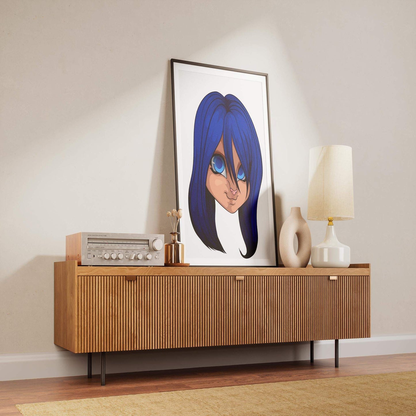 Baked Art - Furries Model 16 with blue hair displayed on a wooden console.