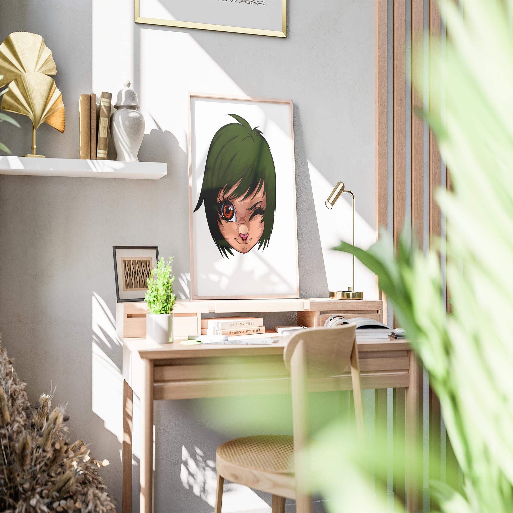 Baked Art Furries Model 1 digital portrait with green eyes and playful expression displayed on desk for home decor.