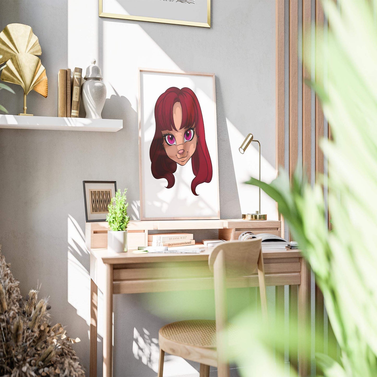 Feline-inspired digital art with pink hair and eyes, perfect for creative projects.