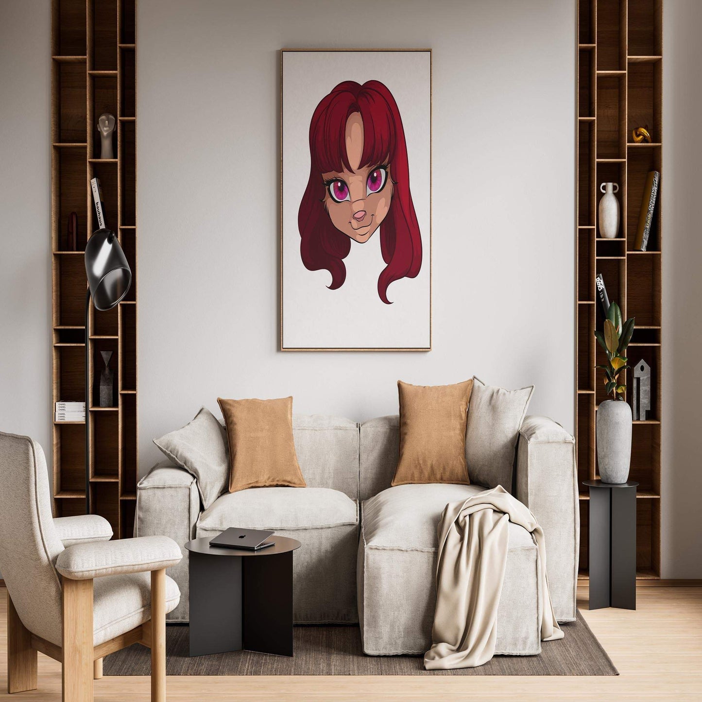 Feline-inspired digital art illustration with pink hair and eyes, perfect for creative projects.