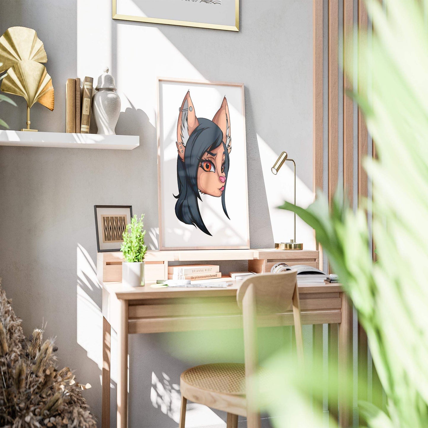 Baked Art - Furries Model 5 digital artwork on desk, sophisticated décor.