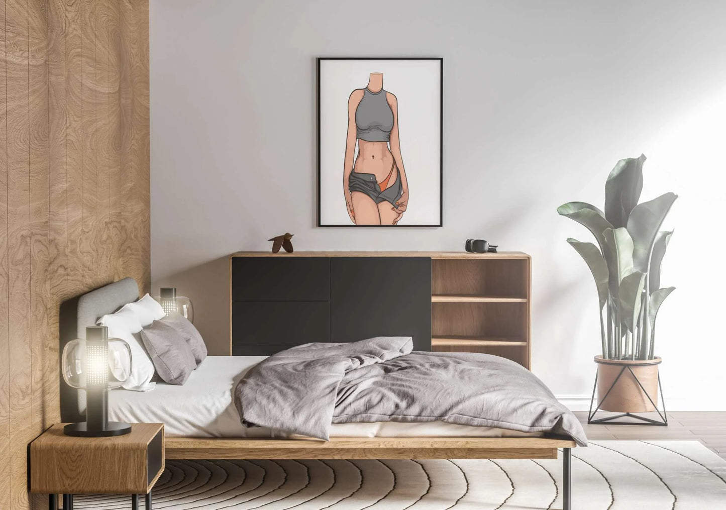 Stylized digital illustration of a figure in grey crop top and shorts with orange bikini; Baked Art - Model 93.
