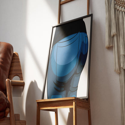 Jeans Denim Model 10 art print displayed on wooden chair in sunlit room.