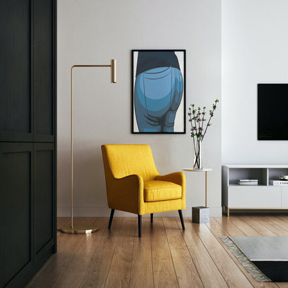 Modern living room with yellow armchair, abstract jeans artwork on wall, and minimalistic decor.