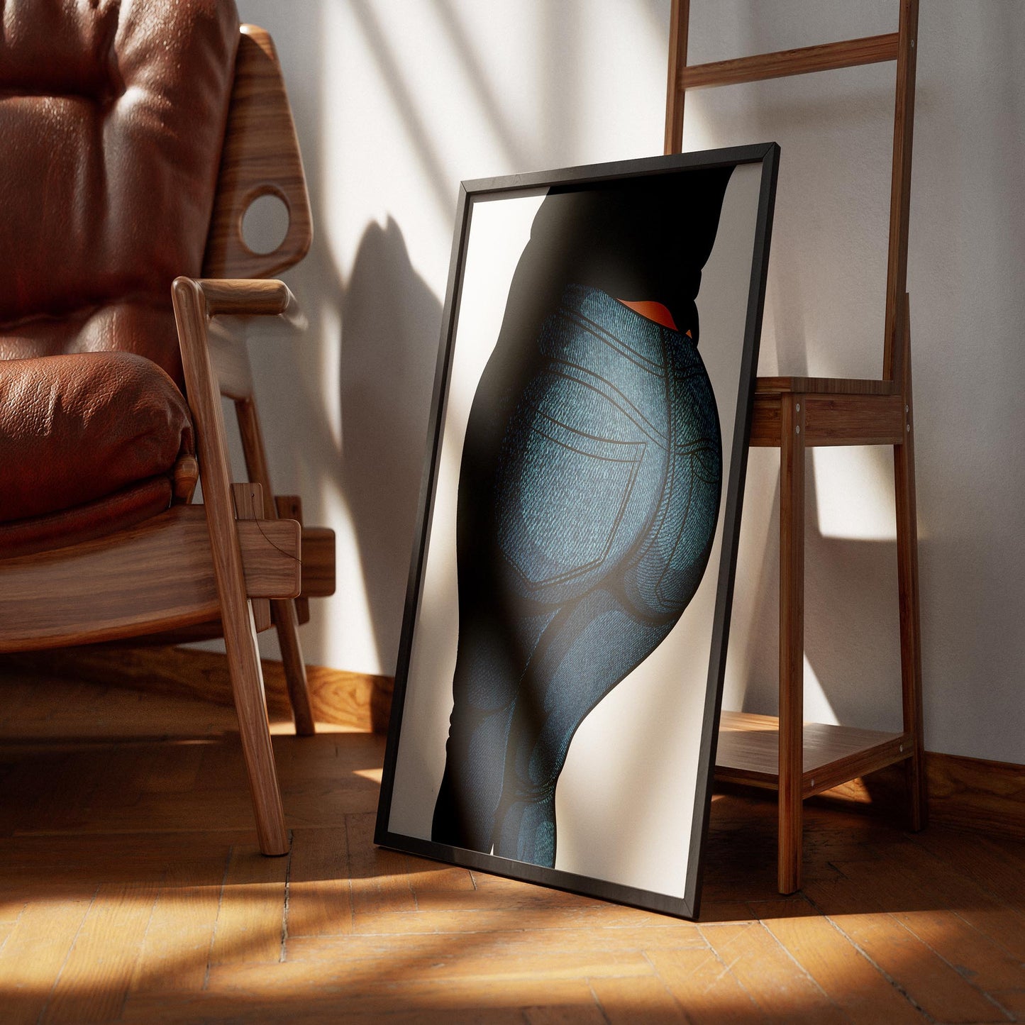 Highly detailed denim digital artwork with realistic stitching and fabric patterns, showcased in a framed display; perfect for fashion projects and digital designs.