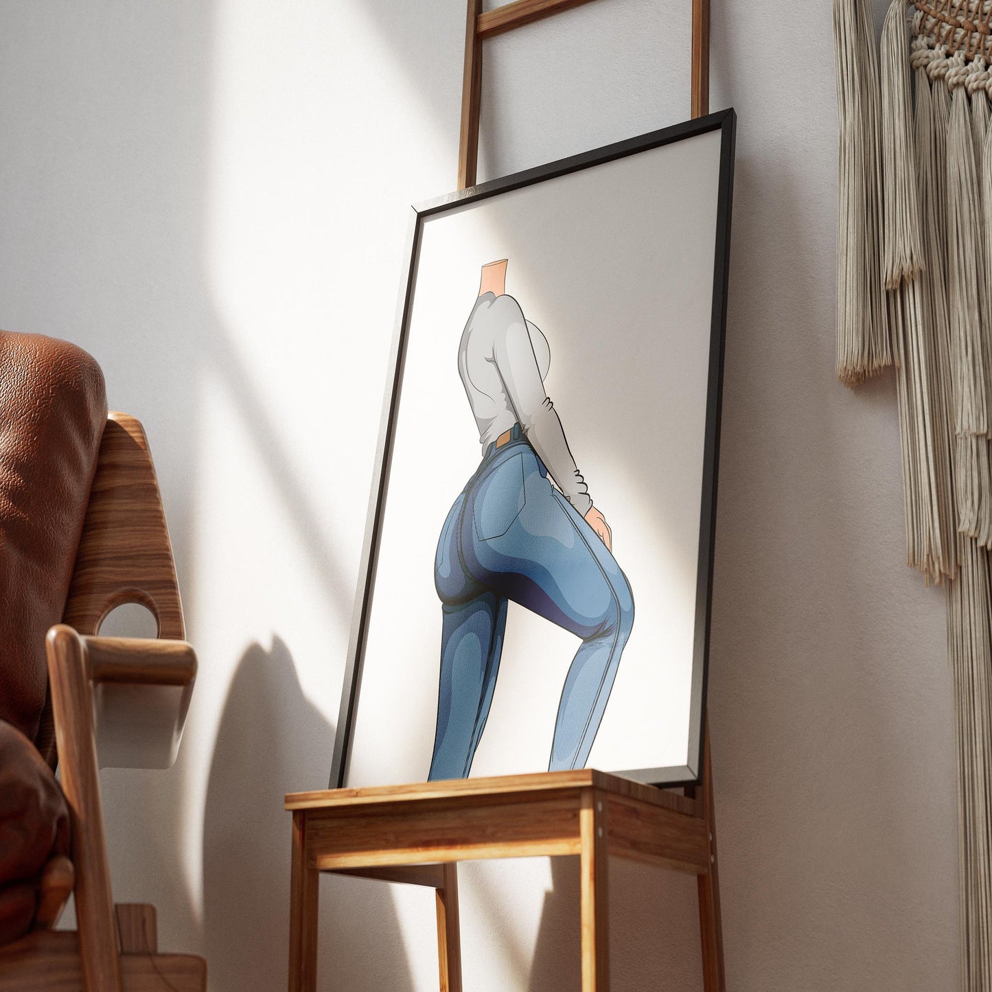 Digital art showing jeans denim on a seated chair, showcasing textured fabric and sleek fit.