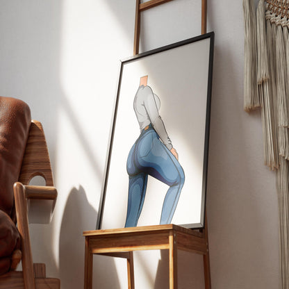 Digital art showing jeans denim on a seated chair, showcasing textured fabric and sleek fit.