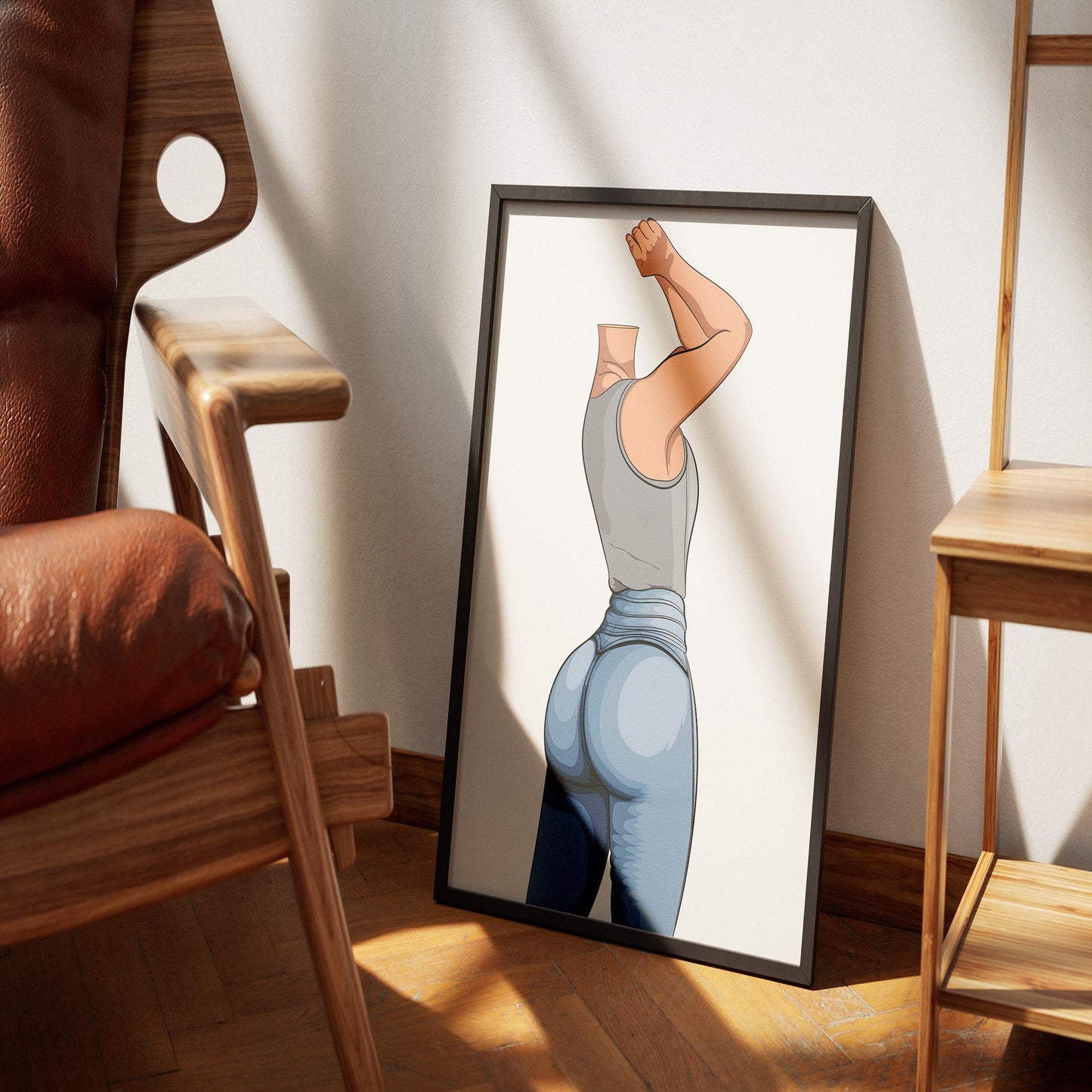 Dynamic artwork of character in form-fitting jeans, showcasing realistic denim texture and flexibility, titled 'Jeans Denim Model 26 - Digitalized Arts Baked Art 26'.