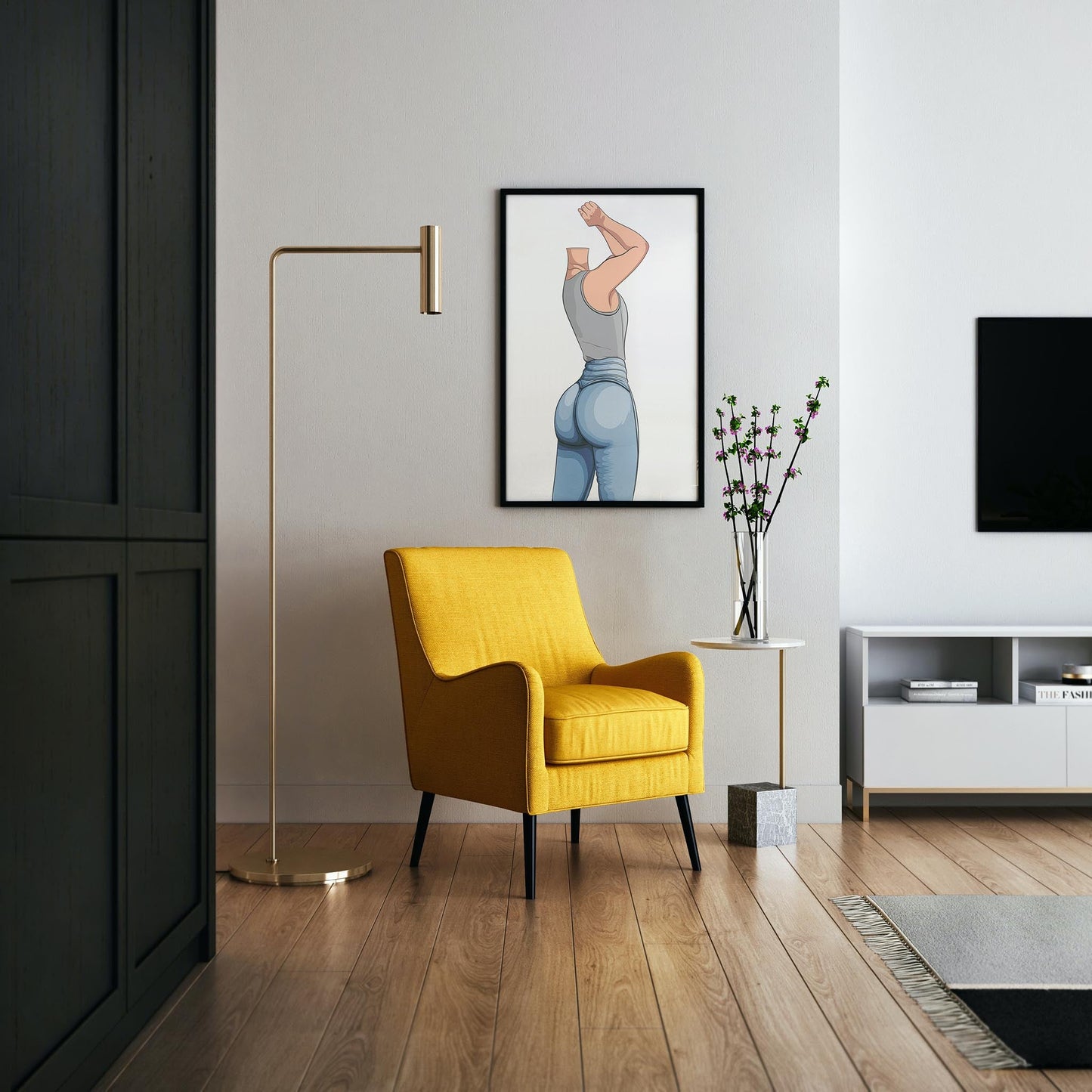 Yellow chair in modern living room with framed digital art of Jeans Denim - Baked Model Art 26 on the wall.
