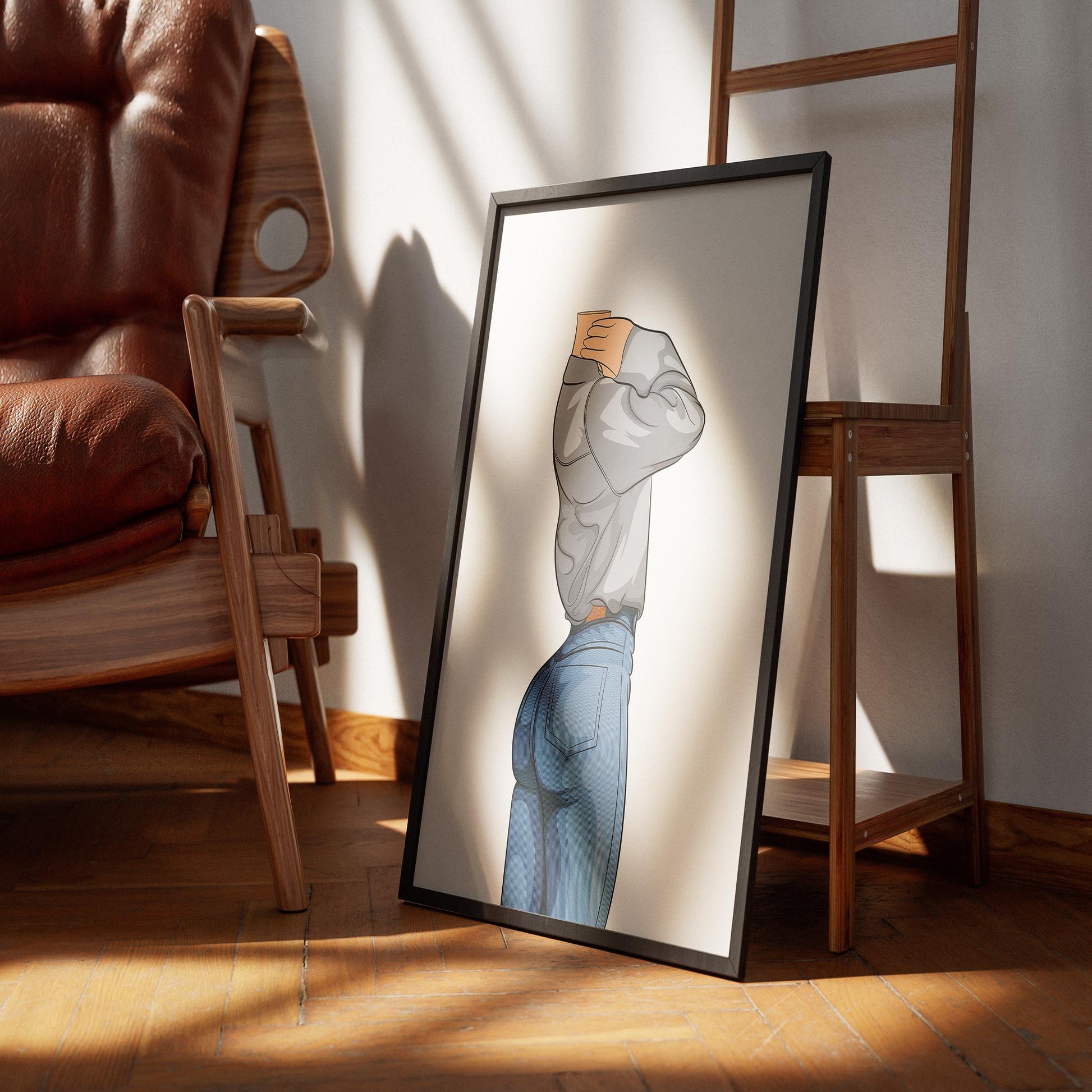 Illustration of character in denim jeans and sweatshirt, showcasing realistic texture and modern style.