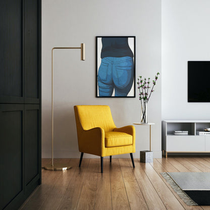 Digital art piece featuring vibrant blue denim jeans, titled Baked Art - Jeans Denim Model 44, displayed in a modern living room setting.