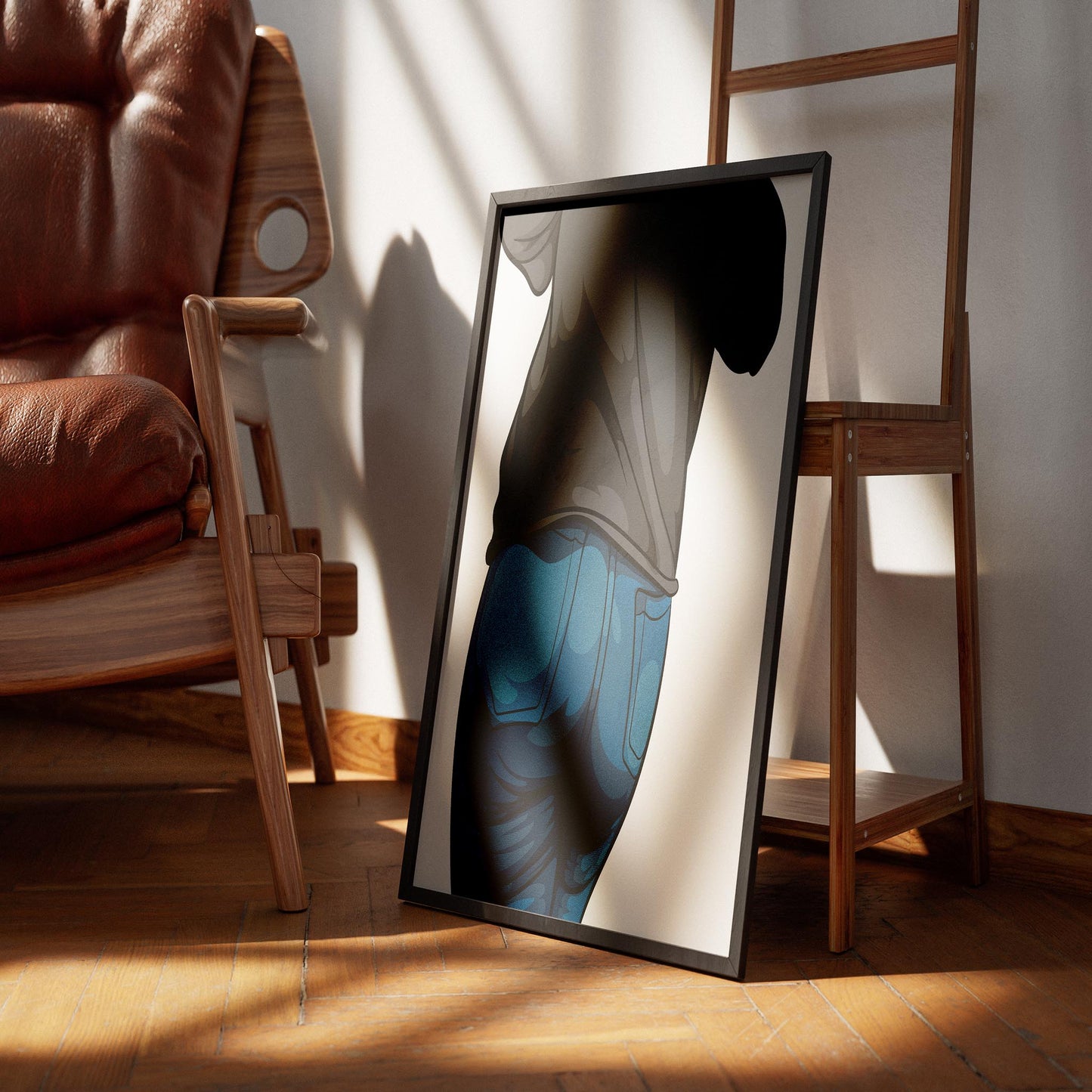 Framed illustration of Baked Art - Jeans Denim Model 49 on a wooden floor, leaning against a chair.