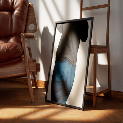 Framed illustration of Baked Art - Jeans Denim Model 49 on a wooden floor, leaning against a chair.