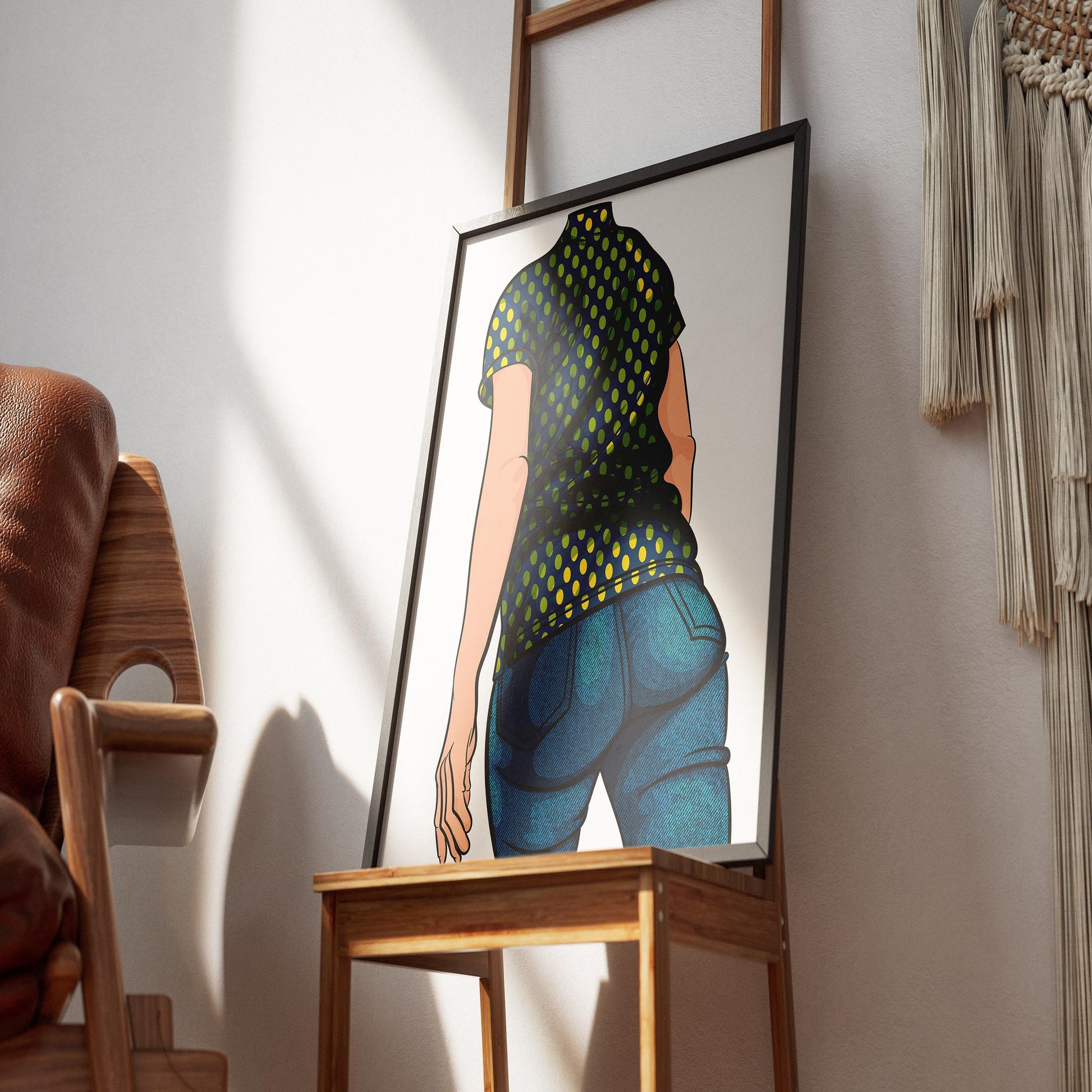 Framed artwork of Baked Art - Jeans Denim Model 56 with retro dotted pattern, displayed on a wooden chair.