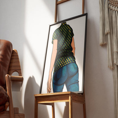 Framed artwork of Baked Art - Jeans Denim Model 56 with retro dotted pattern, displayed on a wooden chair.