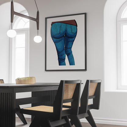 Vibrant blue denim jeans artwork framed on wall in modern dining room.