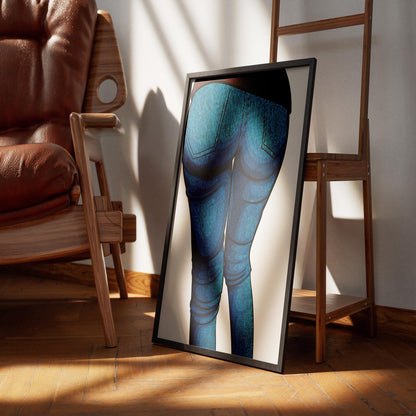 Vibrant blue denim jeans artwork highlighting detailed textures and shading in a framed display.