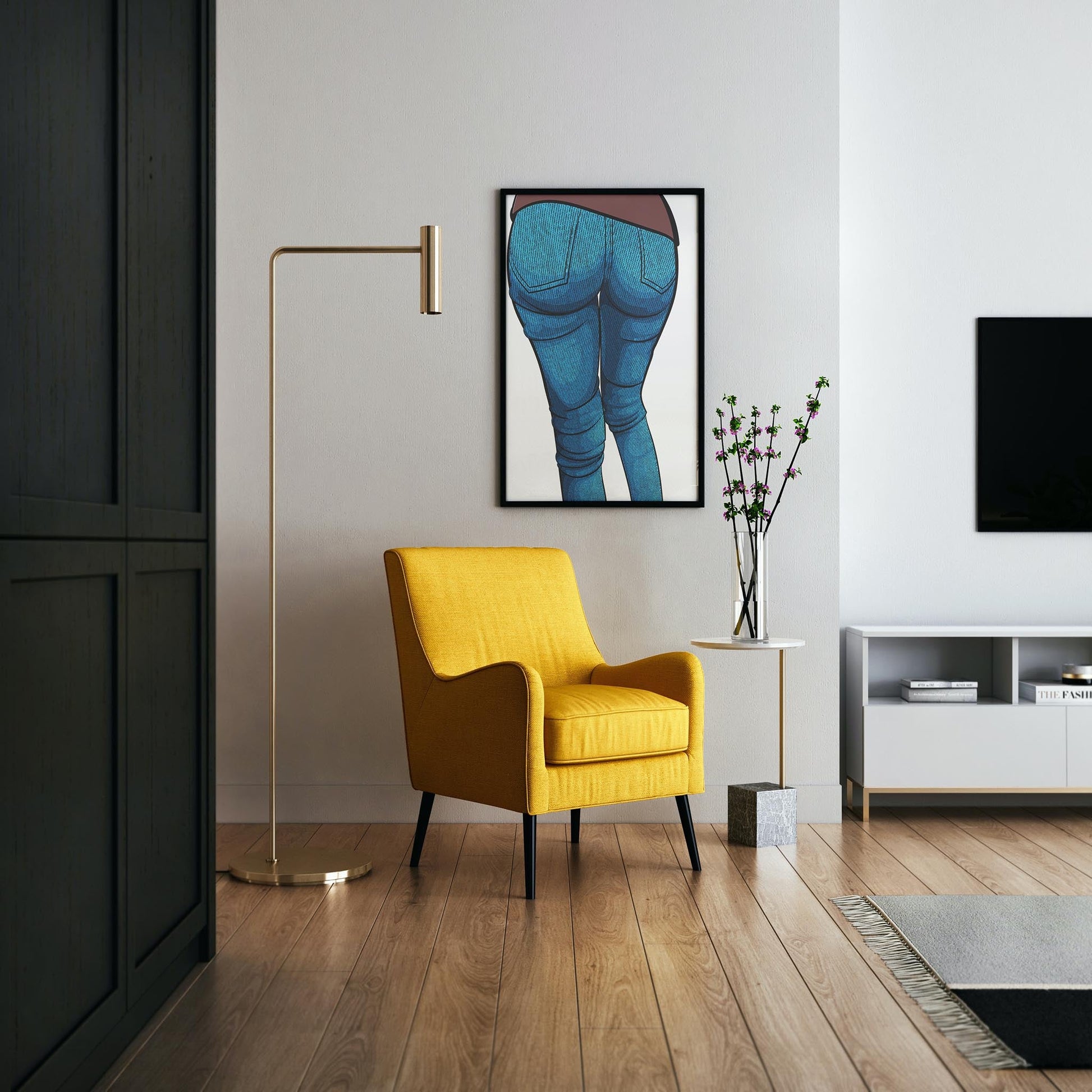 Digital artwork of vibrant blue denim jeans in modern home interior setting.