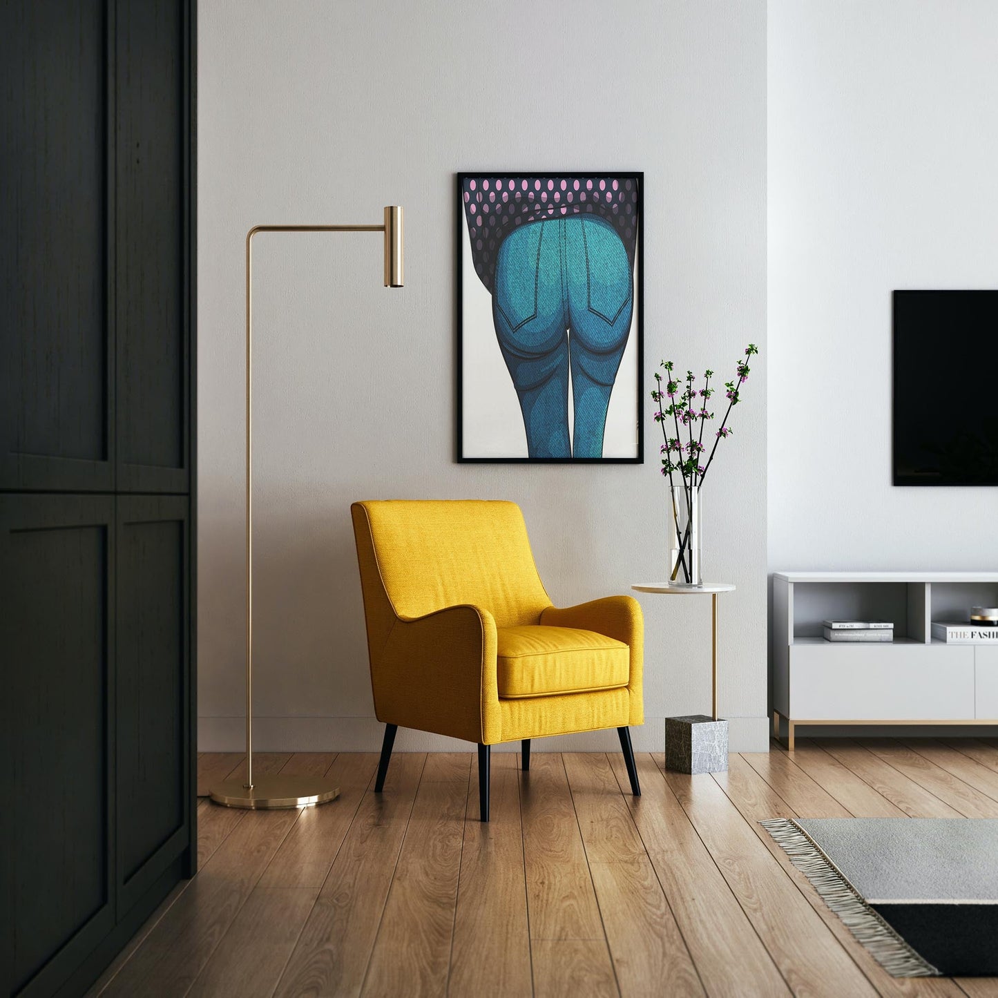 Artwork of blue denim jeans with pink polka-dot shirt, highlighting textures and stitching, displayed in a modern living room.