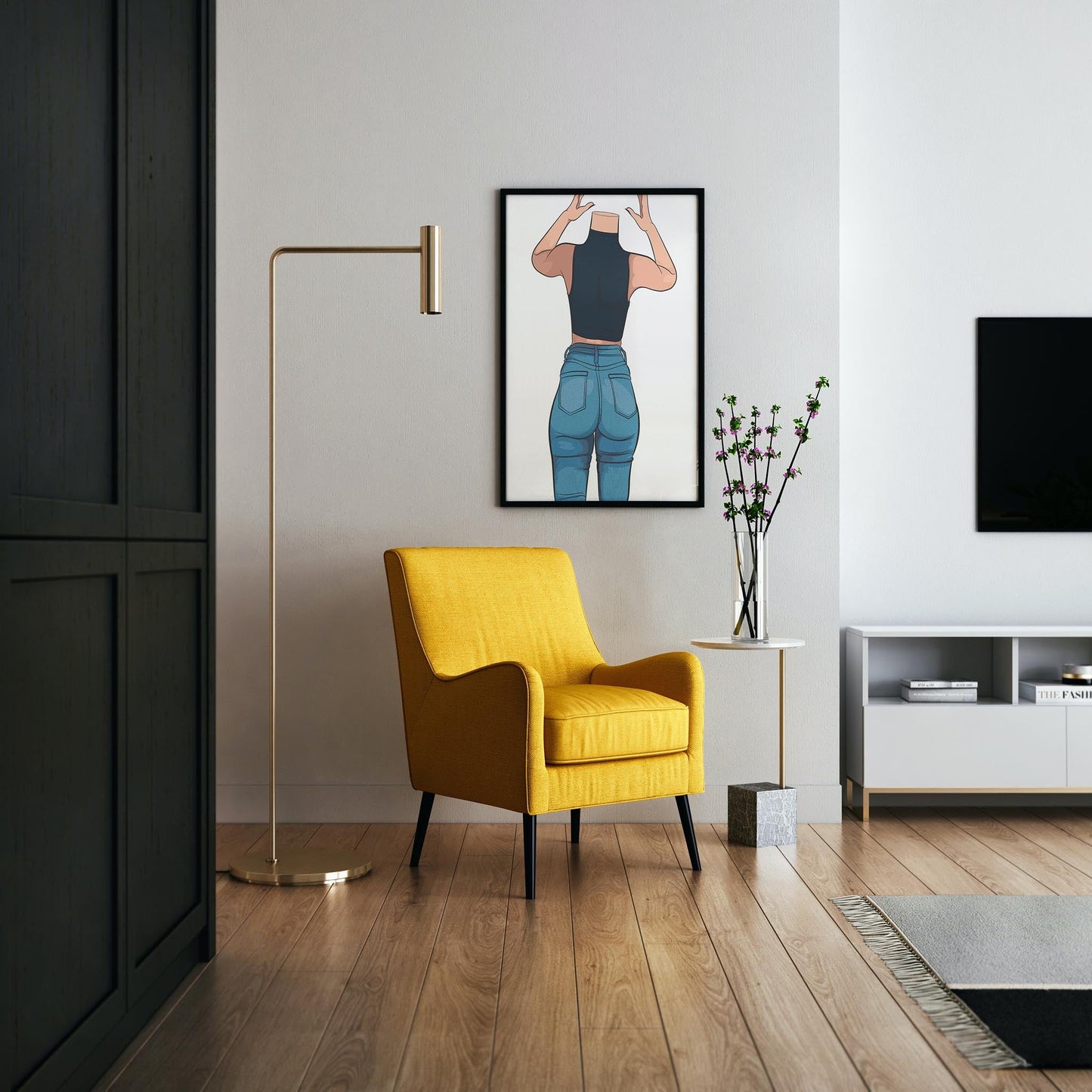 Digital artwork depicting high-waisted denim jeans in a modern, stylish pose, perfect for fashion-themed decor.