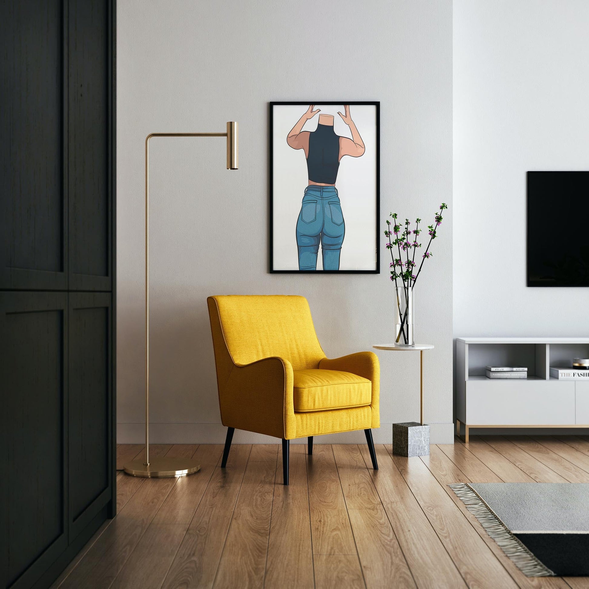 Digital artwork depicting high-waisted denim jeans in a modern, stylish pose, perfect for fashion-themed decor.