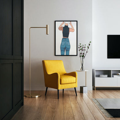 Digital artwork depicting high-waisted denim jeans in a modern, stylish pose, perfect for fashion-themed decor.
