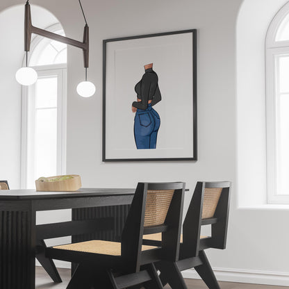 Digital art of a figure in high-waisted blue denim jeans and a black crop top; Baked Art - Jeans Denim Model 63.