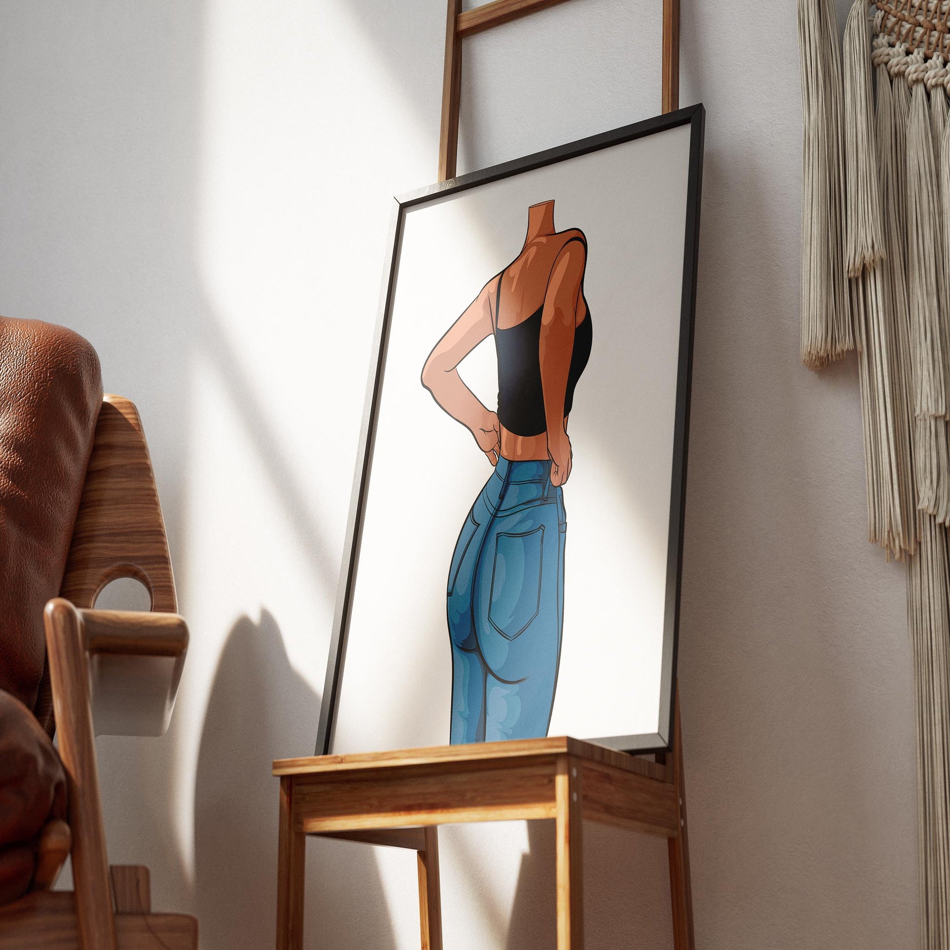 Digital artwork featuring a character in high-waisted blue denim jeans and a cropped tank top, highlighting fabric details and posture. Baked Art - Jeans Denim Model 67.