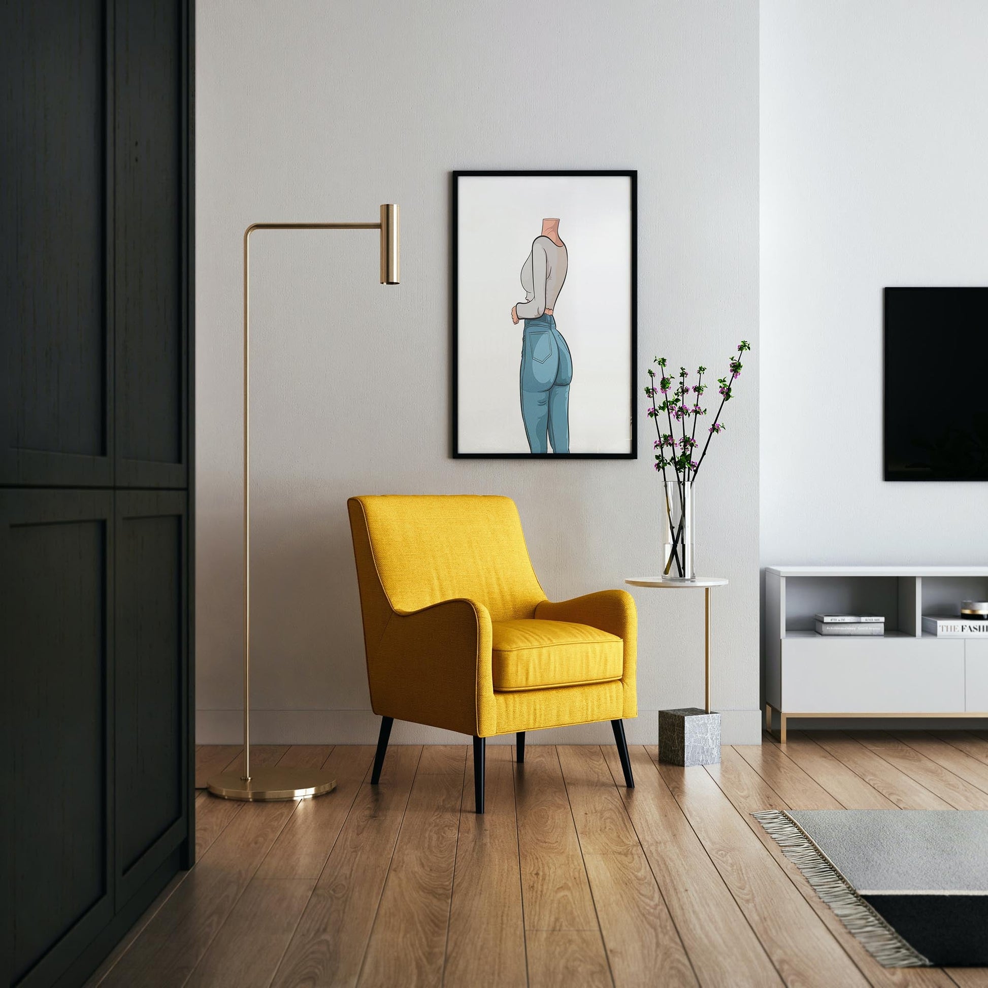Interior room featuring framed artwork of a model wearing high-waisted jeans and a crop top, titled "Baked Art - Jeans Denim Model 69".