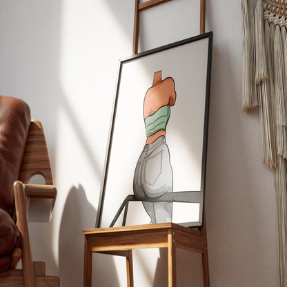 Modern art featuring seated model in light green top and jeans from Baked Art - Jeans Denim Model 70 collection.