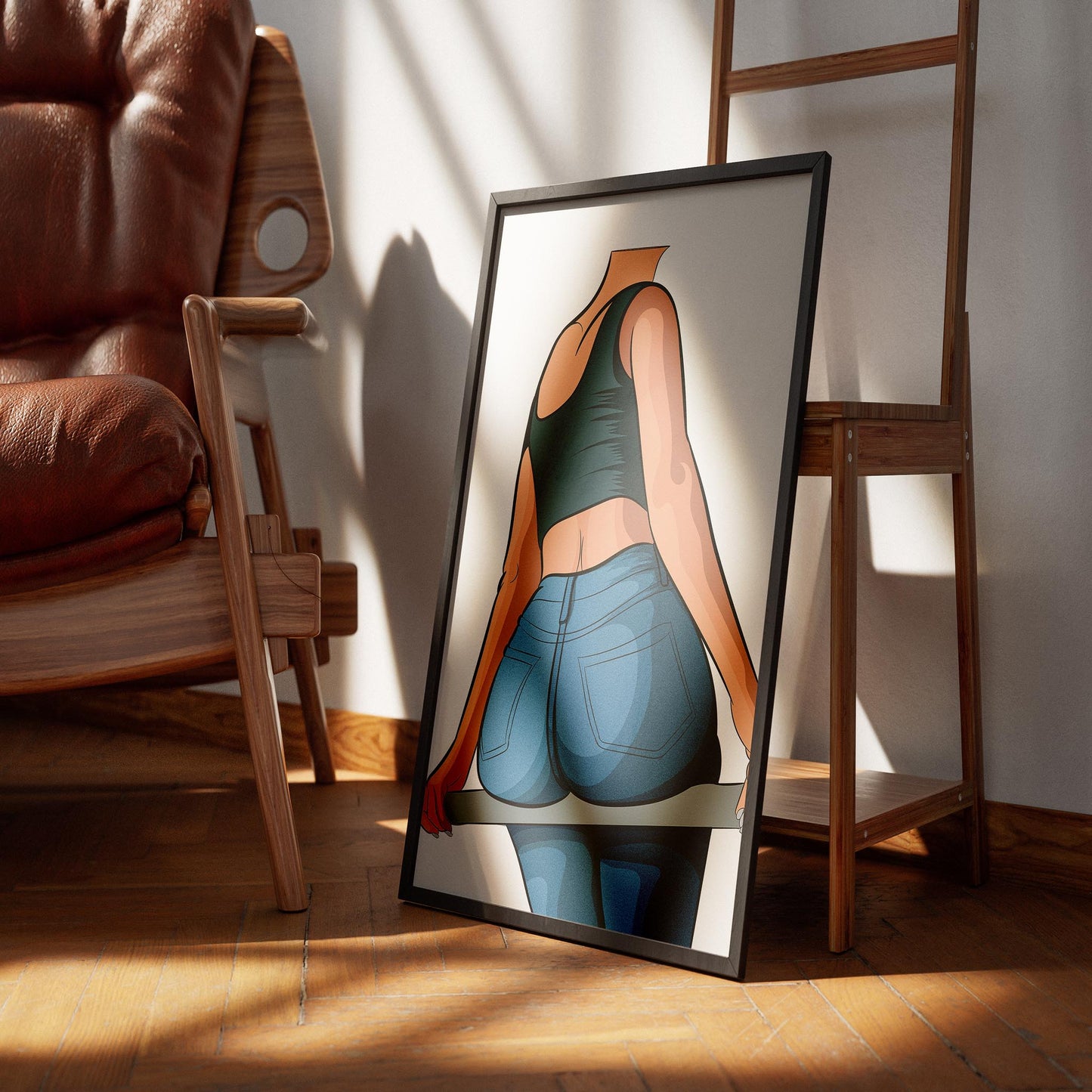 Digital art of a figure in black tank top and blue denim jeans; Baked Art - Jeans Denim Model 72.