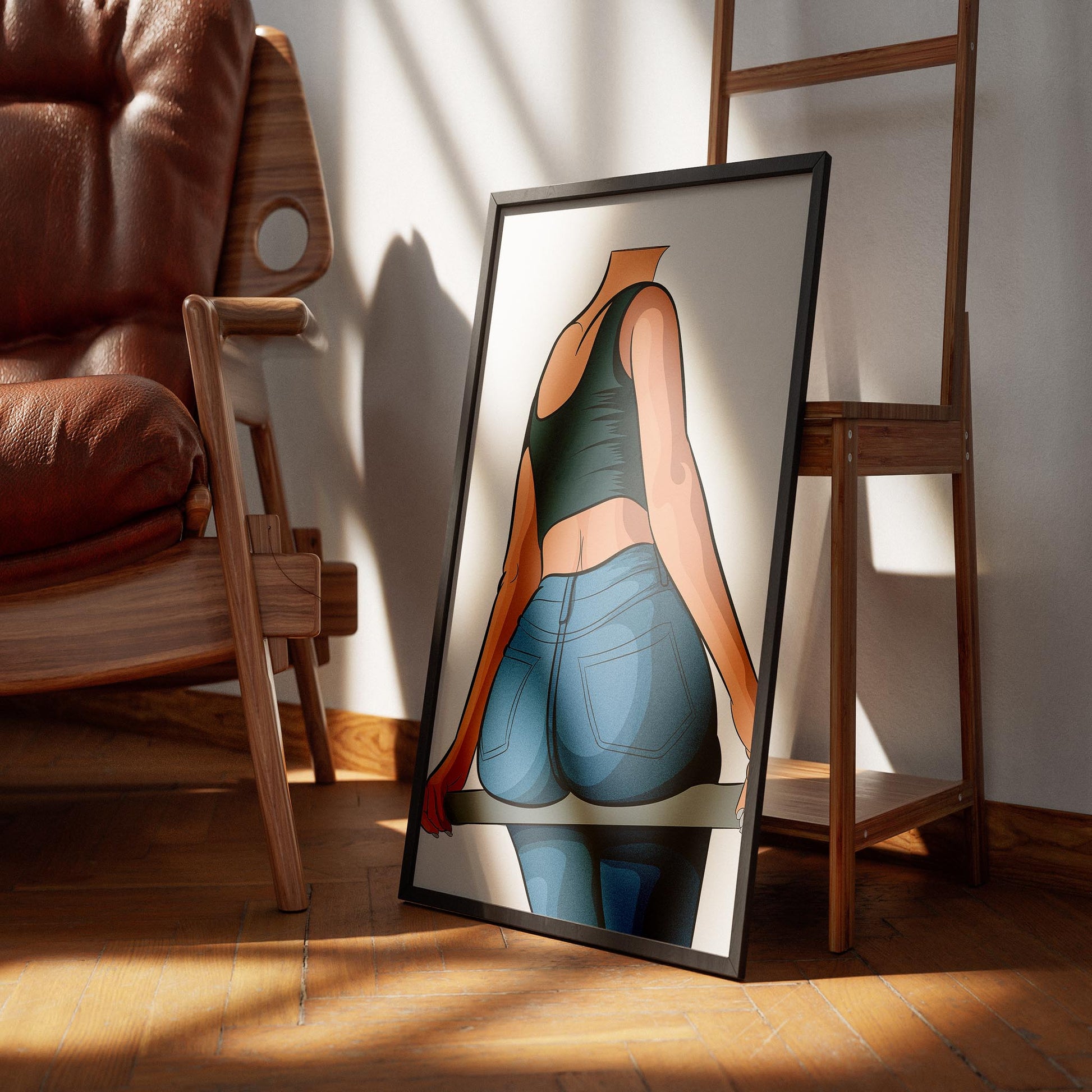Digital art of a figure in black tank top and blue denim jeans; Baked Art - Jeans Denim Model 72.