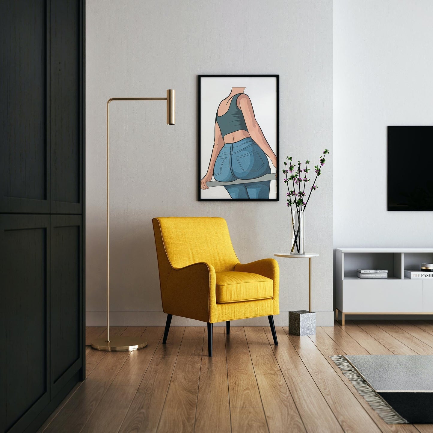 Framed artwork of figure in blue denim jeans and black tank top in modern living room.