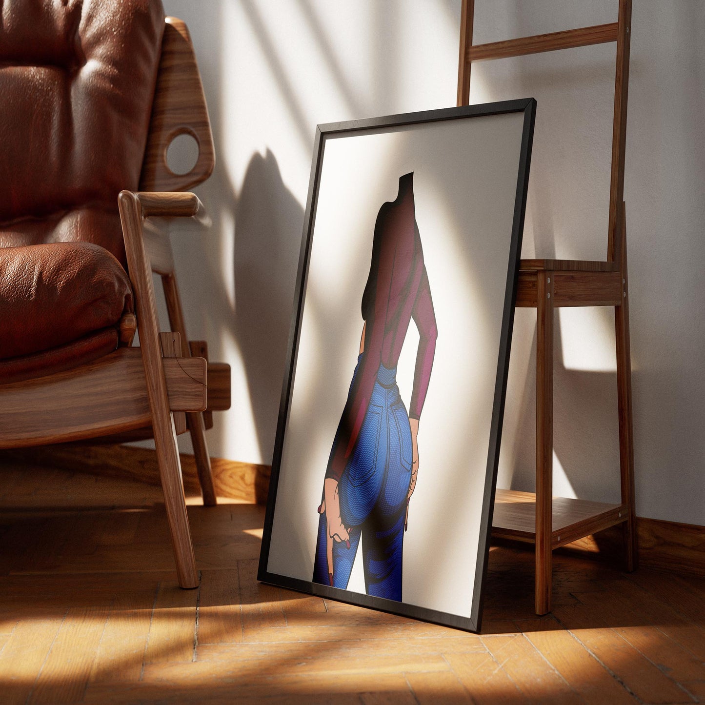 Baked Art - Jeans Denim Model 79 artwork featuring bold textured blue jeans and maroon top.
