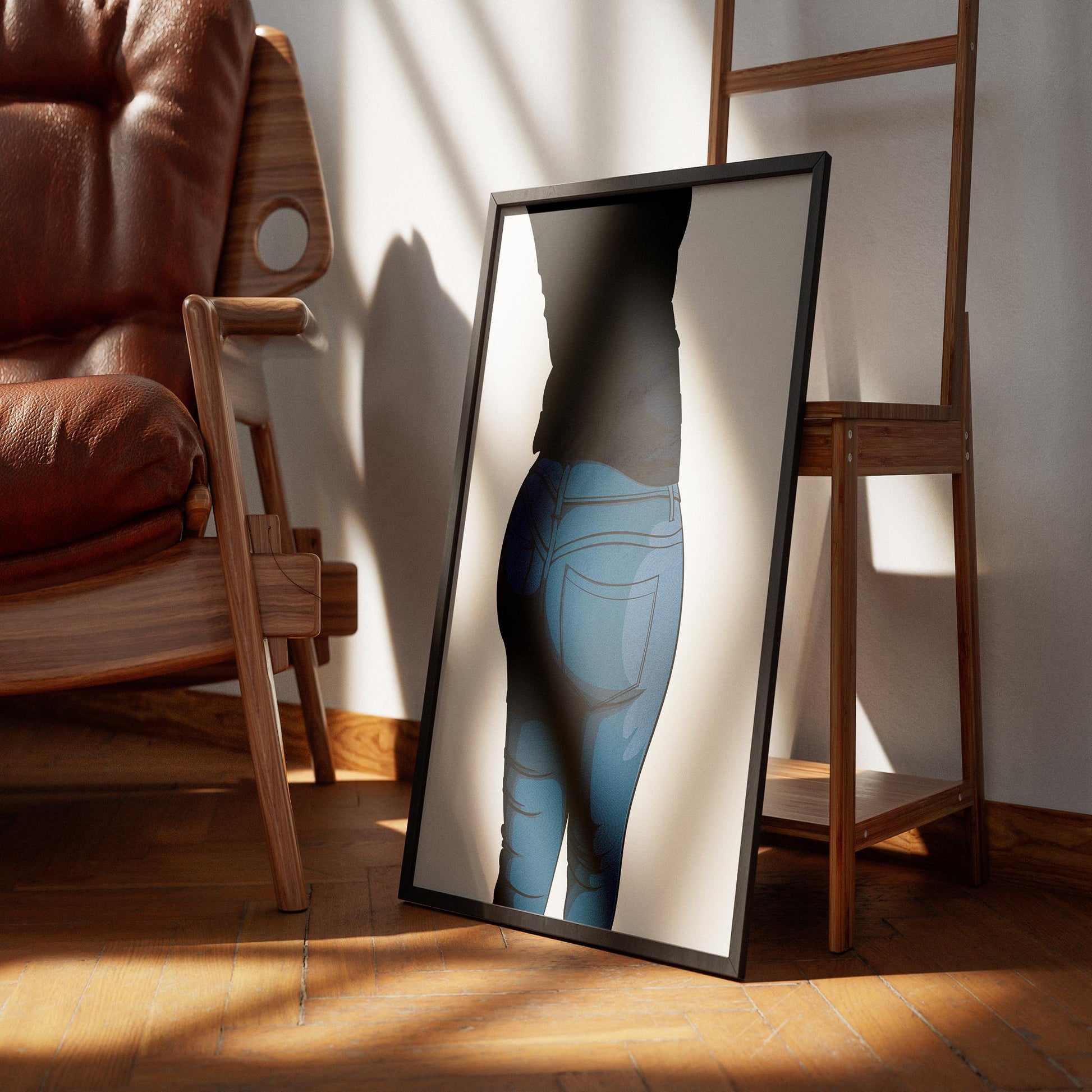 Digital pop art print featuring high-waisted denim jeans, showcasing bold lines and shading for a modern chic touch.