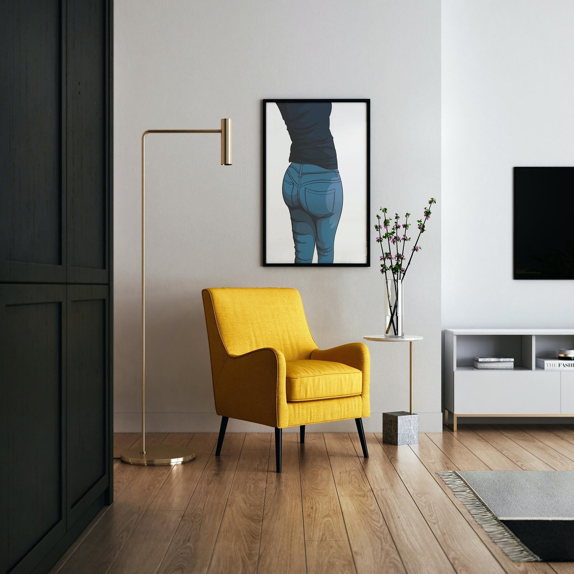 Artistic print of jeans denim in a modern living room with a yellow chair.